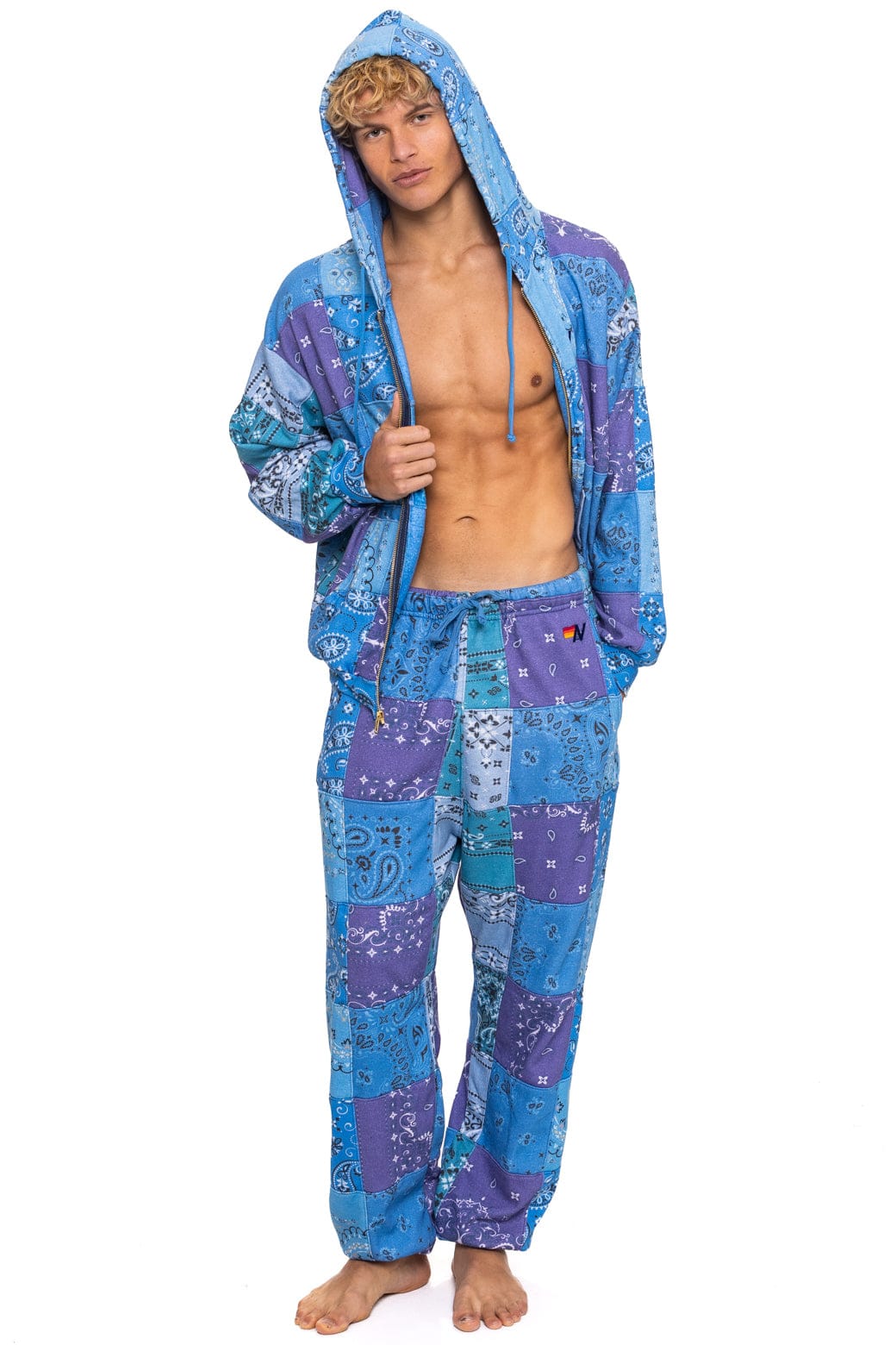 Retro BANDANA QUILTED RELAXED ZIP HOODIE - BLUE