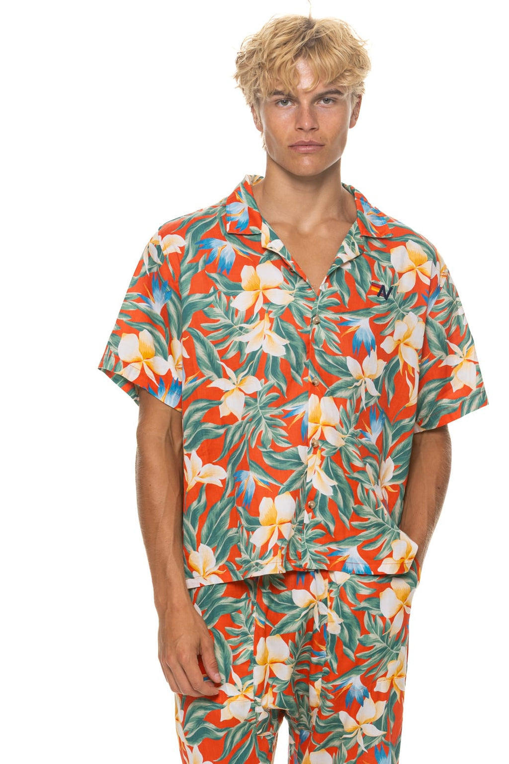 Retro UNISEX COTTON LUXE POPLIN RESORT SHIRT - RED KAUAI