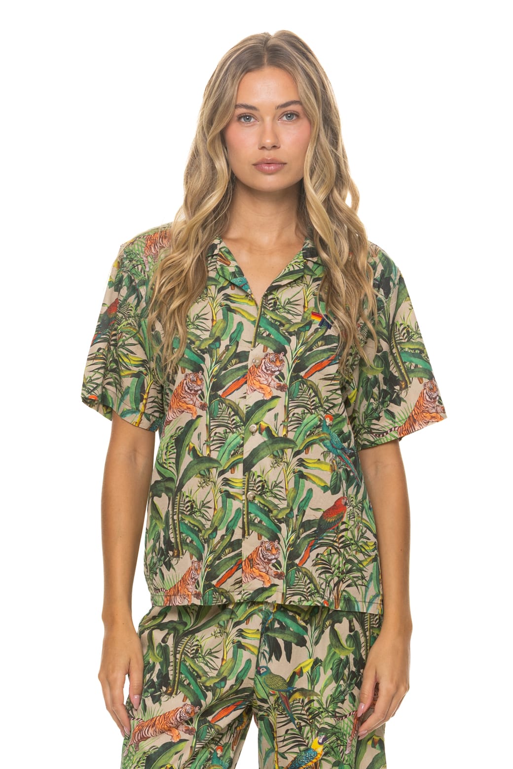 Retro UNISEX COTTON LUXE POPLIN RESORT SHIRT - VINTAGE WHITE JUNGLE