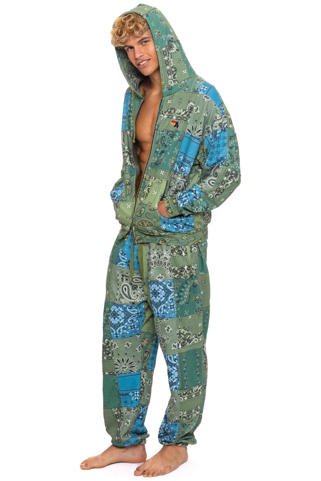 Retro BANDANA QUILTED RELAXED ZIP HOODIE - GREEN