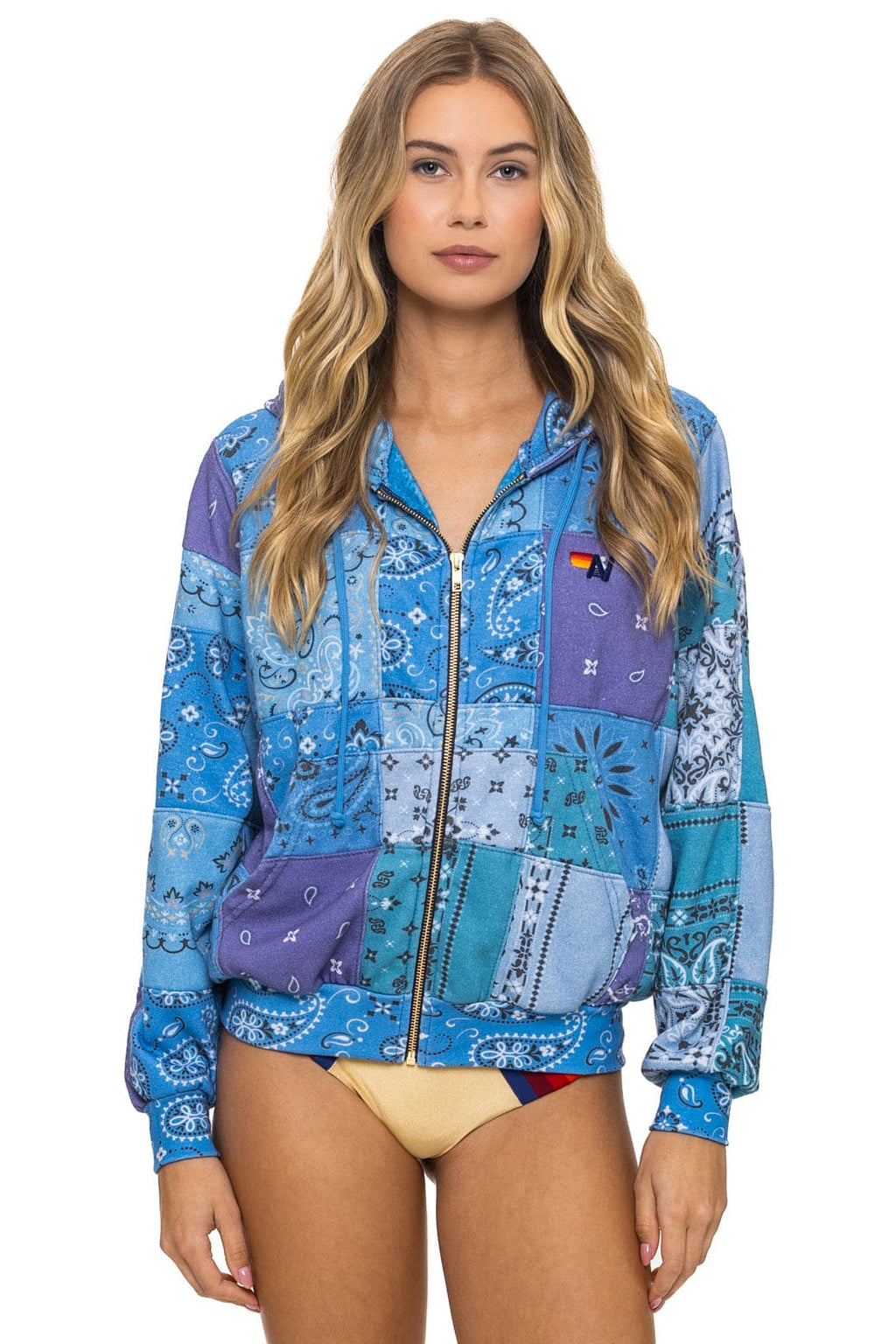 Retro BANDANA QUILTED RELAXED ZIP HOODIE - BLUE