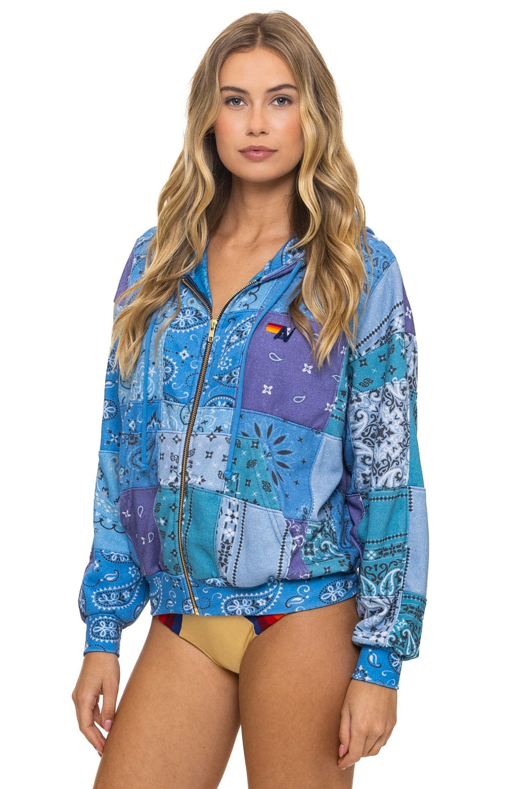 Retro BANDANA QUILTED RELAXED ZIP HOODIE - BLUE
