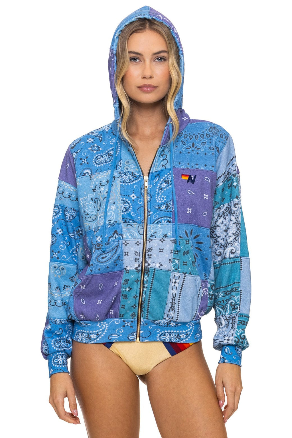 Retro BANDANA QUILTED RELAXED ZIP HOODIE - BLUE