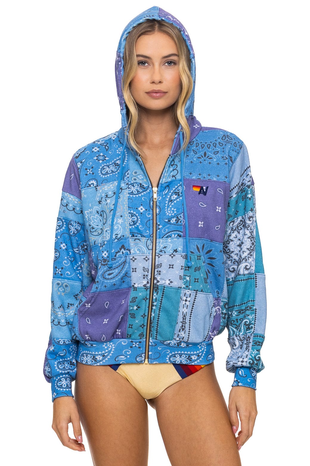 Retro BANDANA QUILTED RELAXED ZIP HOODIE - BLUE