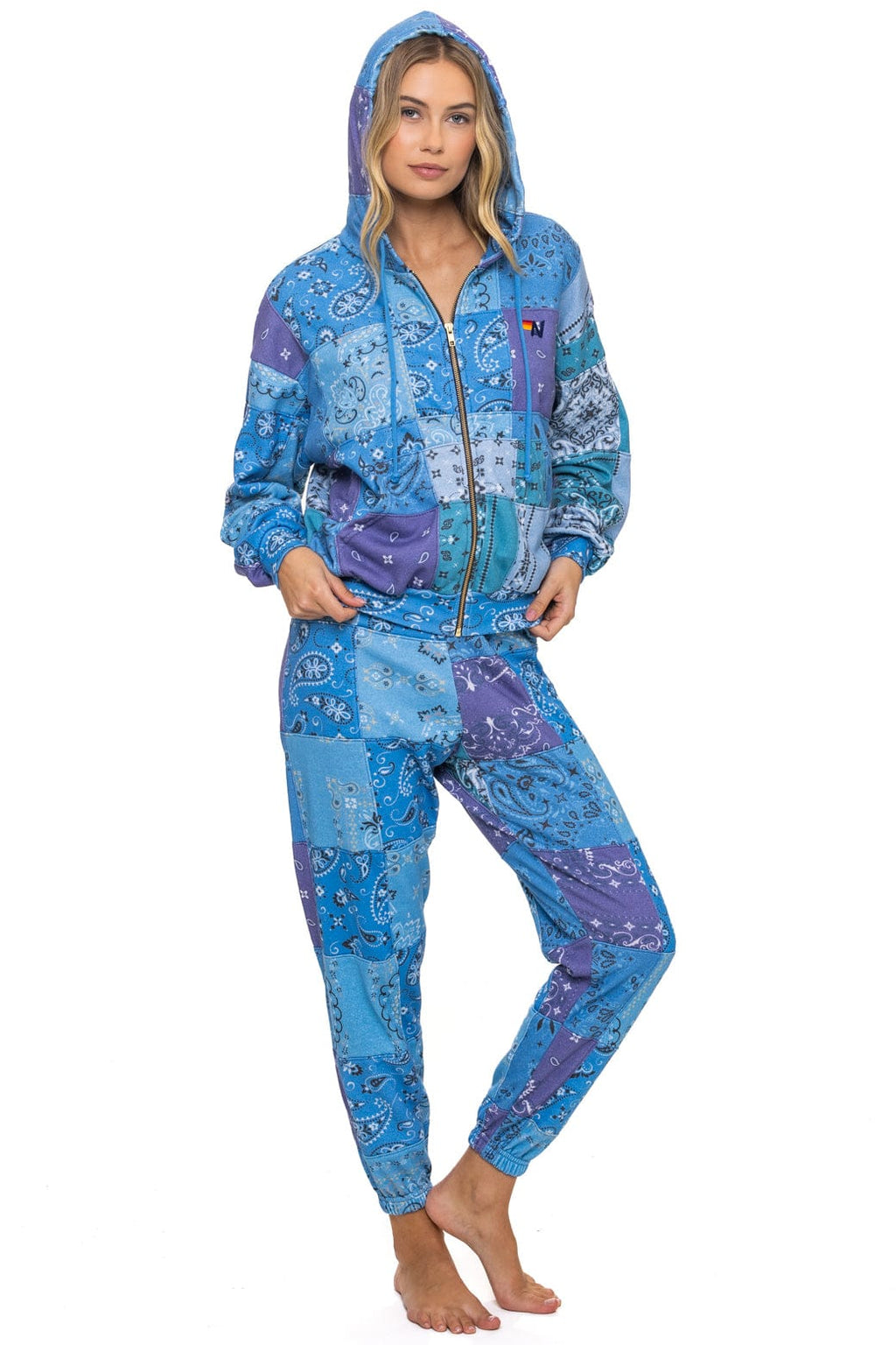 Retro BANDANA QUILTED RELAXED ZIP HOODIE - BLUE