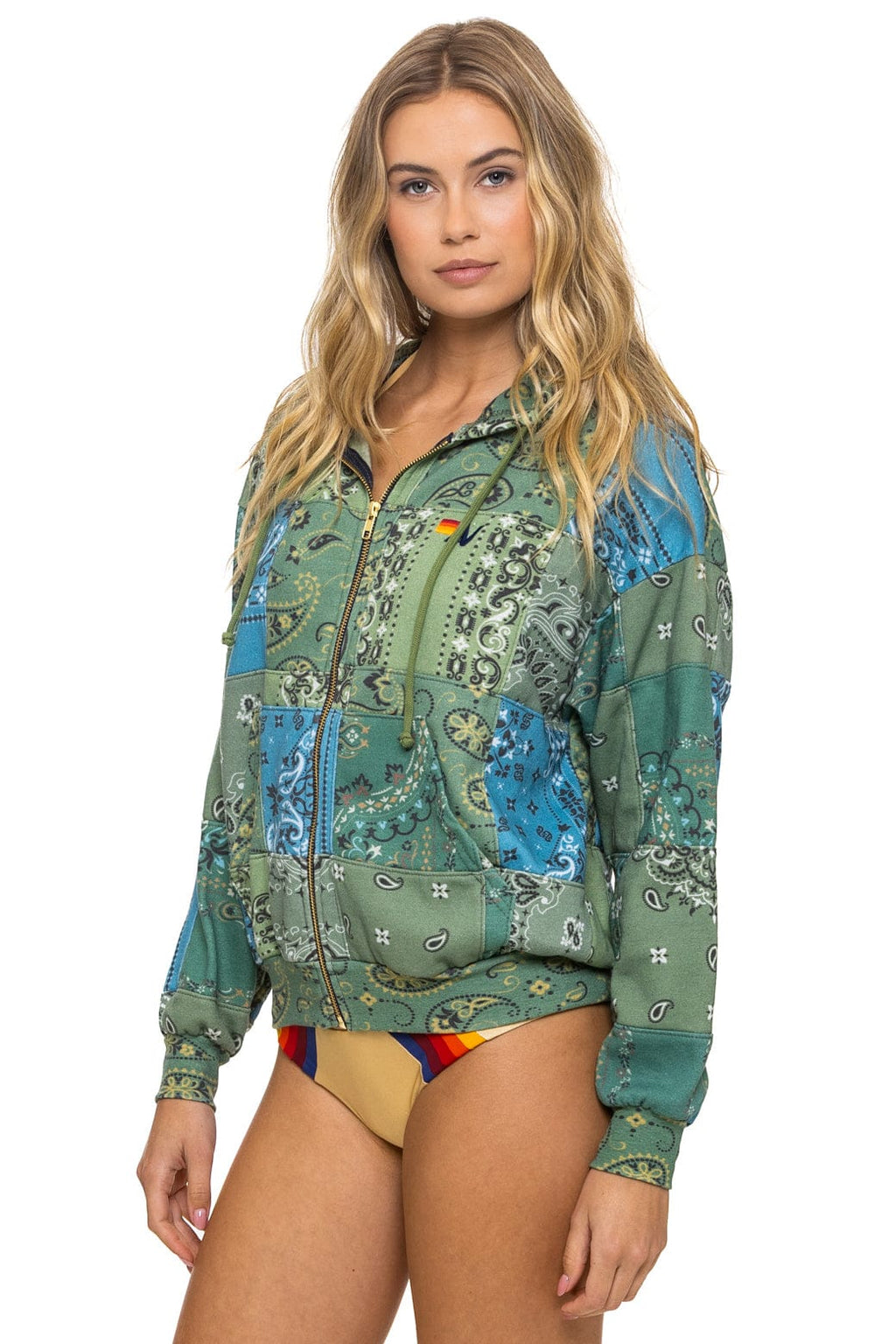 Retro BANDANA QUILTED RELAXED ZIP HOODIE - GREEN