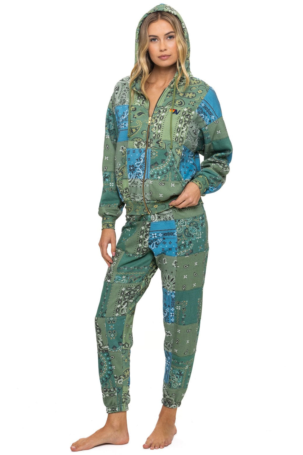 Retro BANDANA QUILTED RELAXED ZIP HOODIE - GREEN
