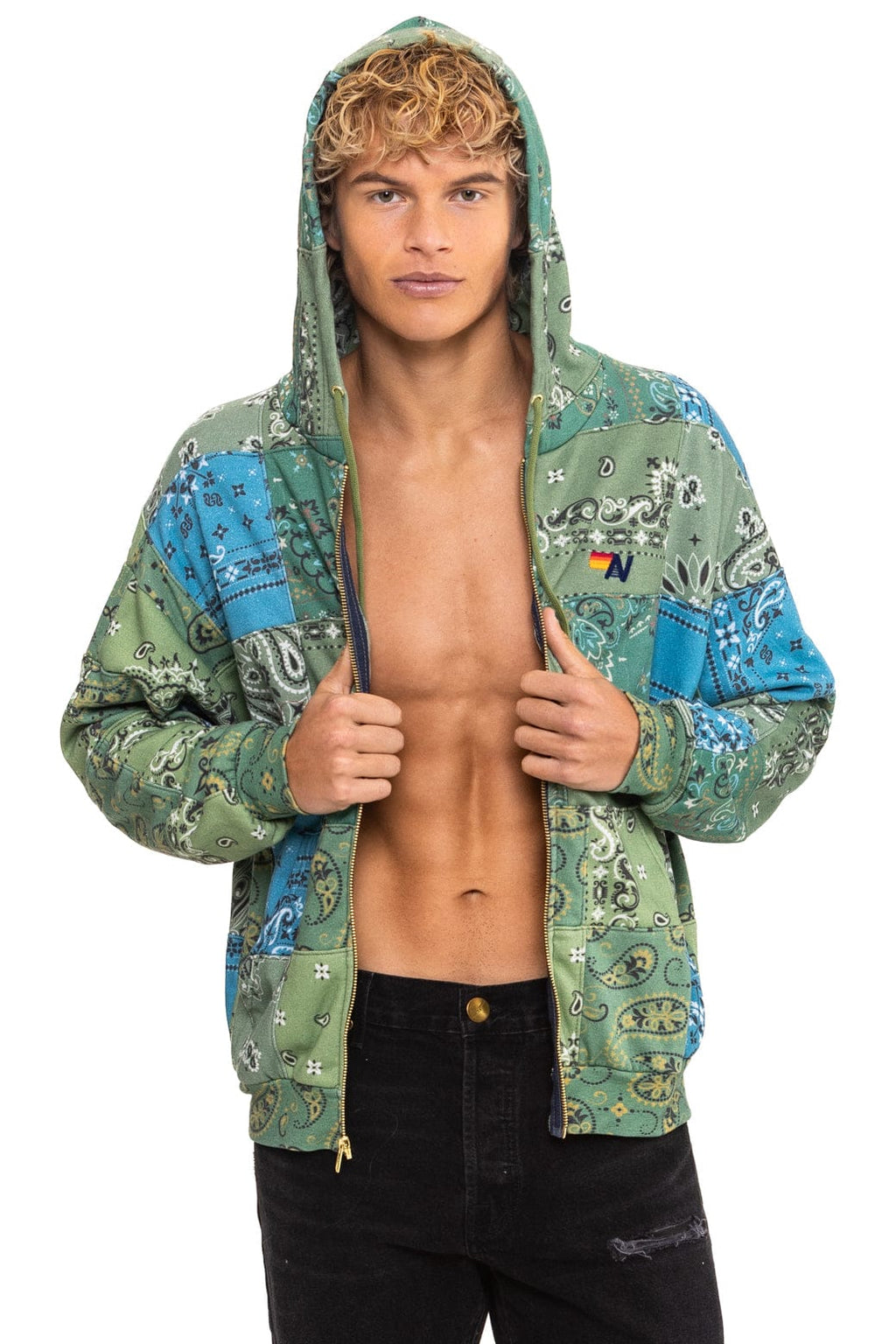 Retro BANDANA QUILTED RELAXED ZIP HOODIE - GREEN