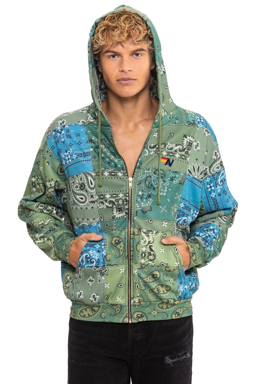 Retro BANDANA QUILTED RELAXED ZIP HOODIE - GREEN