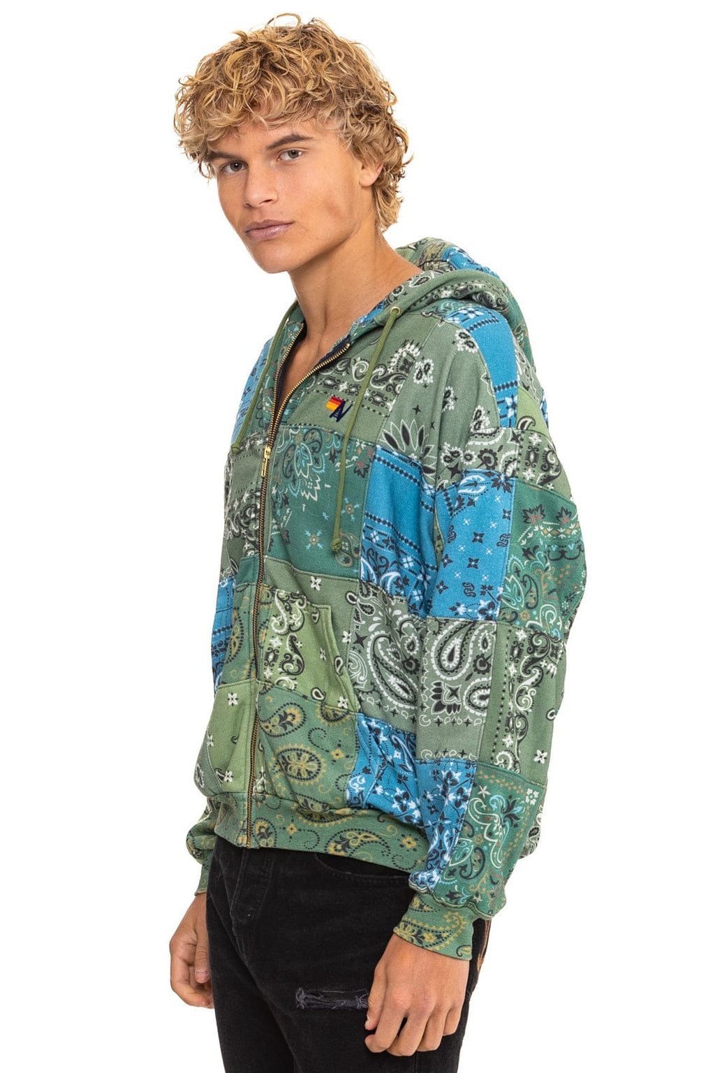 Retro BANDANA QUILTED RELAXED ZIP HOODIE - GREEN