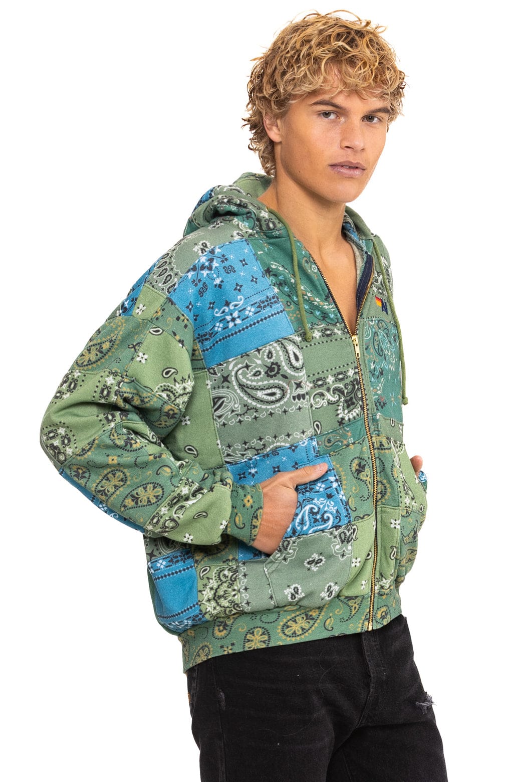 Retro BANDANA QUILTED RELAXED ZIP HOODIE - GREEN