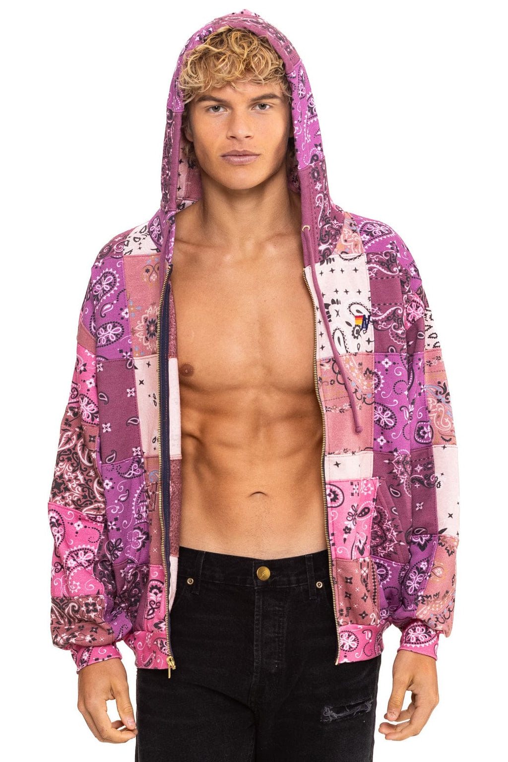 Retro BANDANA QUILTED RELAXED ZIP HOODIE - PINK