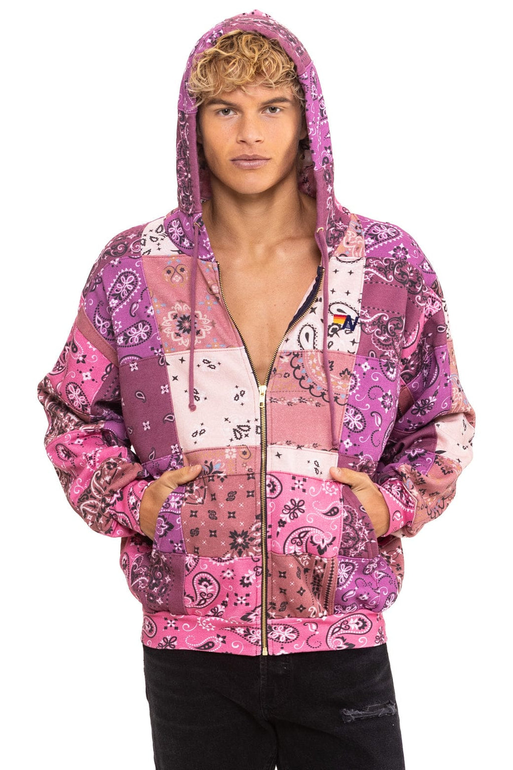 Retro BANDANA QUILTED RELAXED ZIP HOODIE - PINK