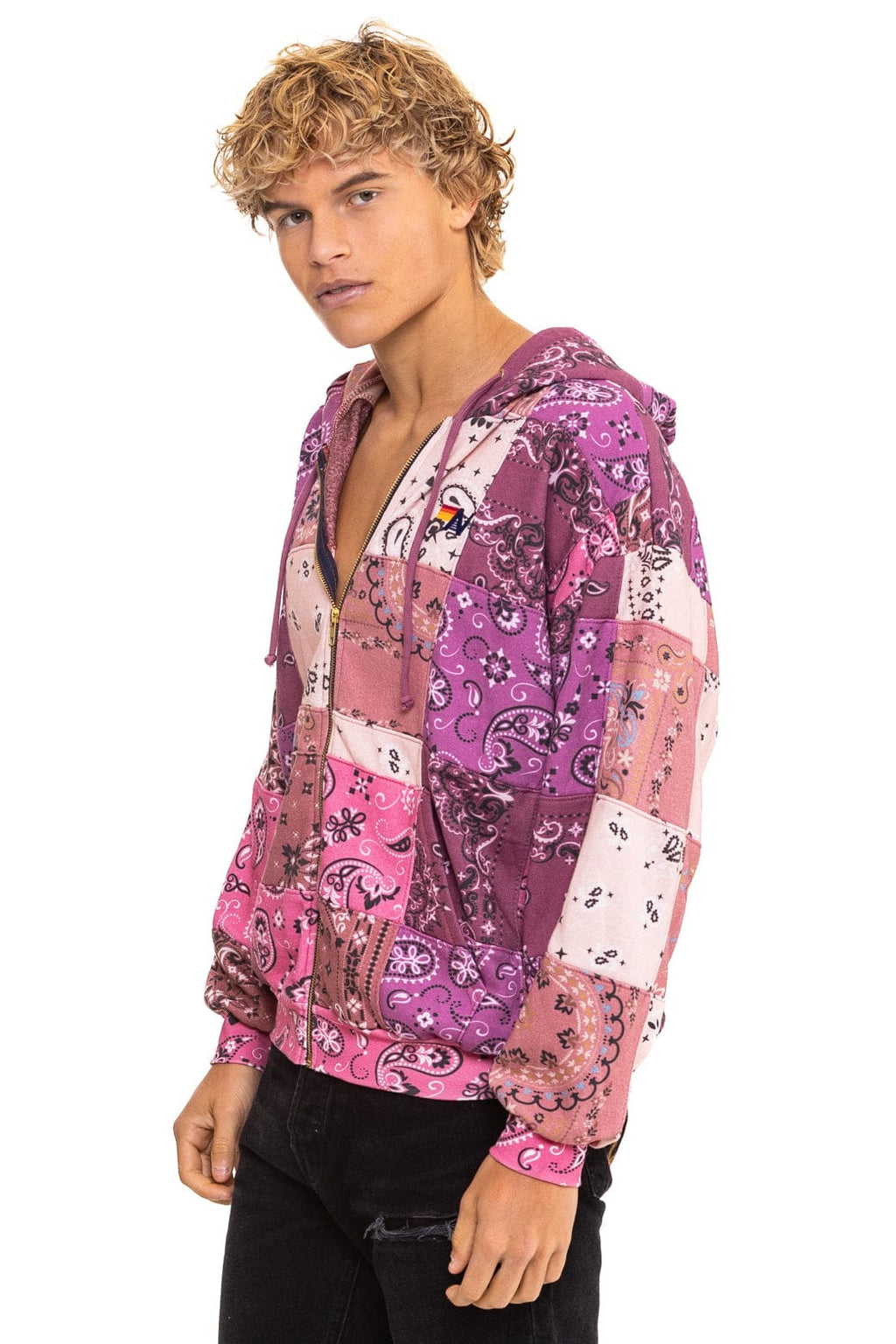 Retro BANDANA QUILTED RELAXED ZIP HOODIE - PINK