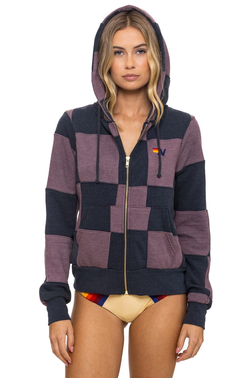 Retro CHECK QUILT ZIP HOODIE - CHARCOAL MOCHA