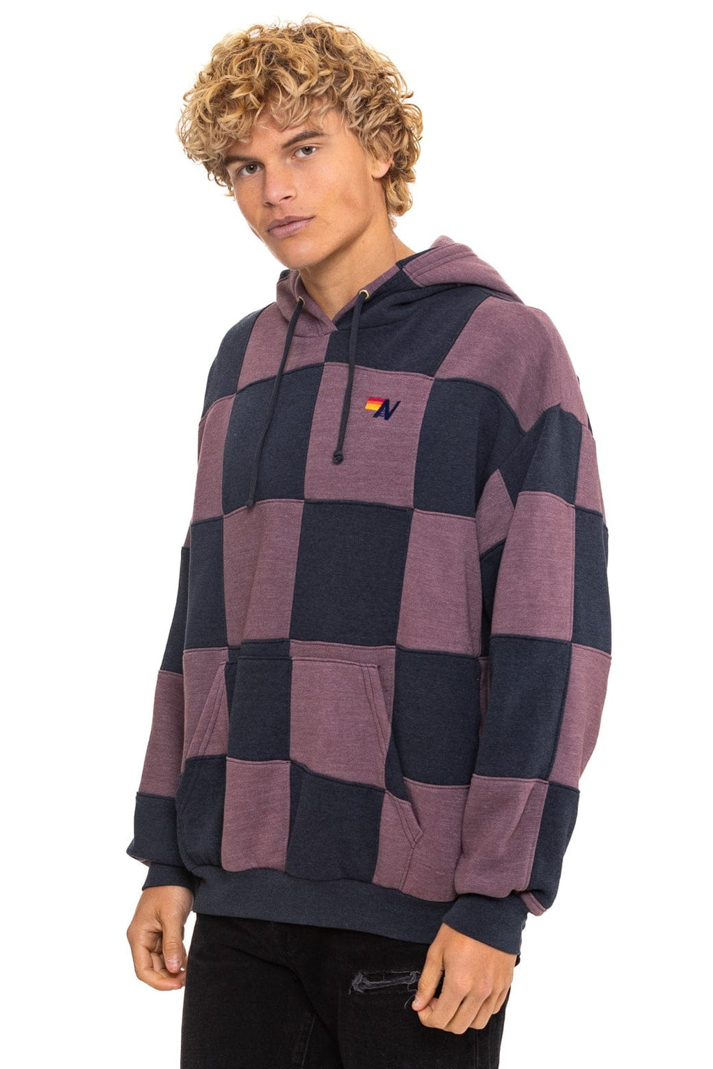 Retro CHECK QUILT RELAXED PULLOVER HOODIE - CHARCOAL MOCHA