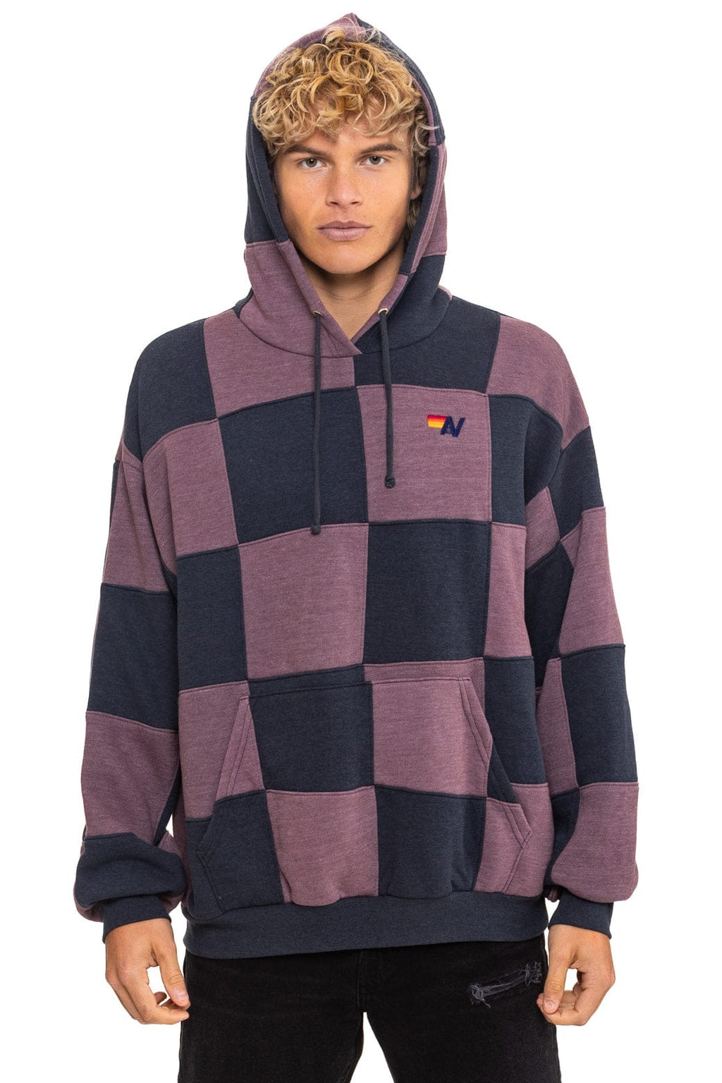 Retro CHECK QUILT RELAXED PULLOVER HOODIE - CHARCOAL MOCHA