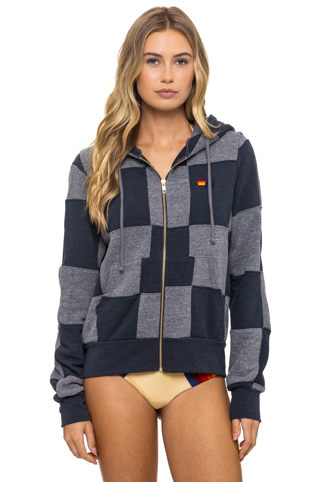 Retro CHECK QUILT ZIP HOODIE - HEATHER CHARCOAL
