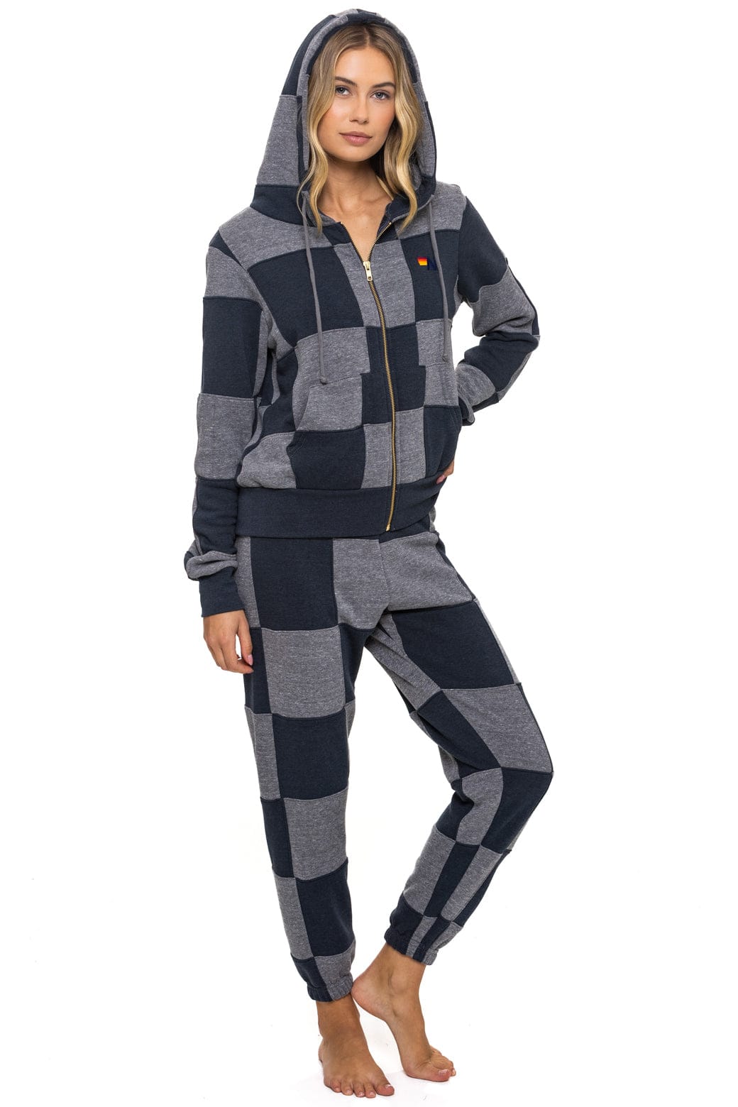 Retro CHECK QUILT ZIP HOODIE - HEATHER CHARCOAL