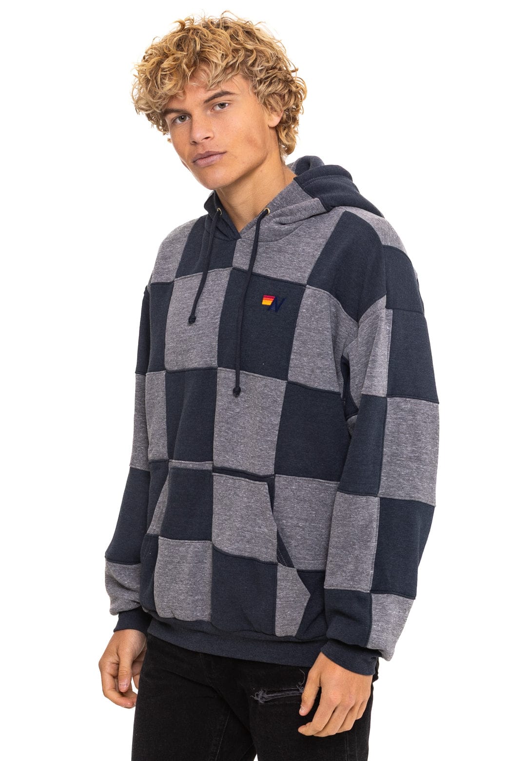 Retro CHECK QUILT RELAXED PULLOVER HOODIE - HEATHER CHARCOAL