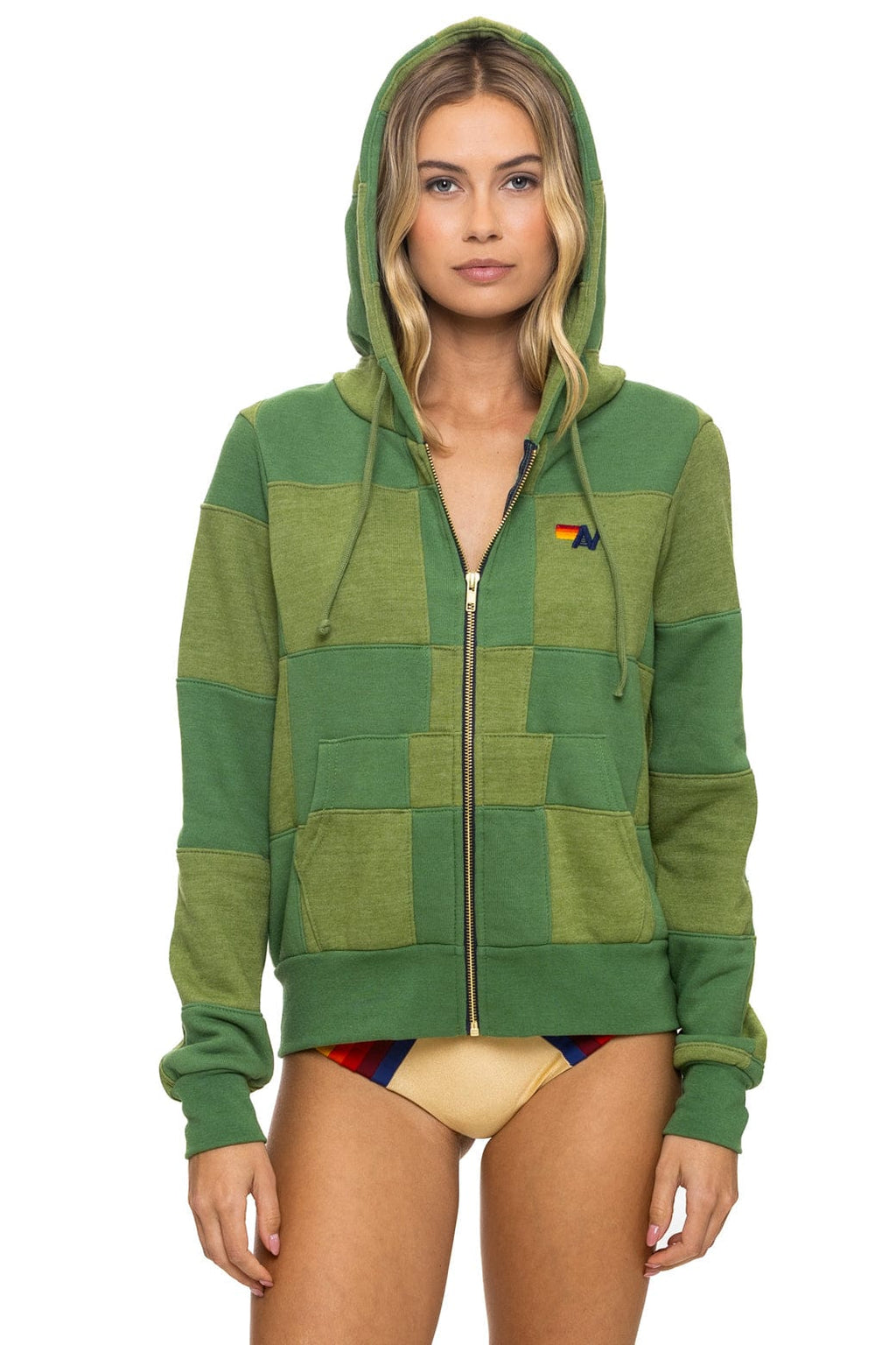 Retro CHECK QUILT ZIP HOODIE - JUNGLE GREEN PALM