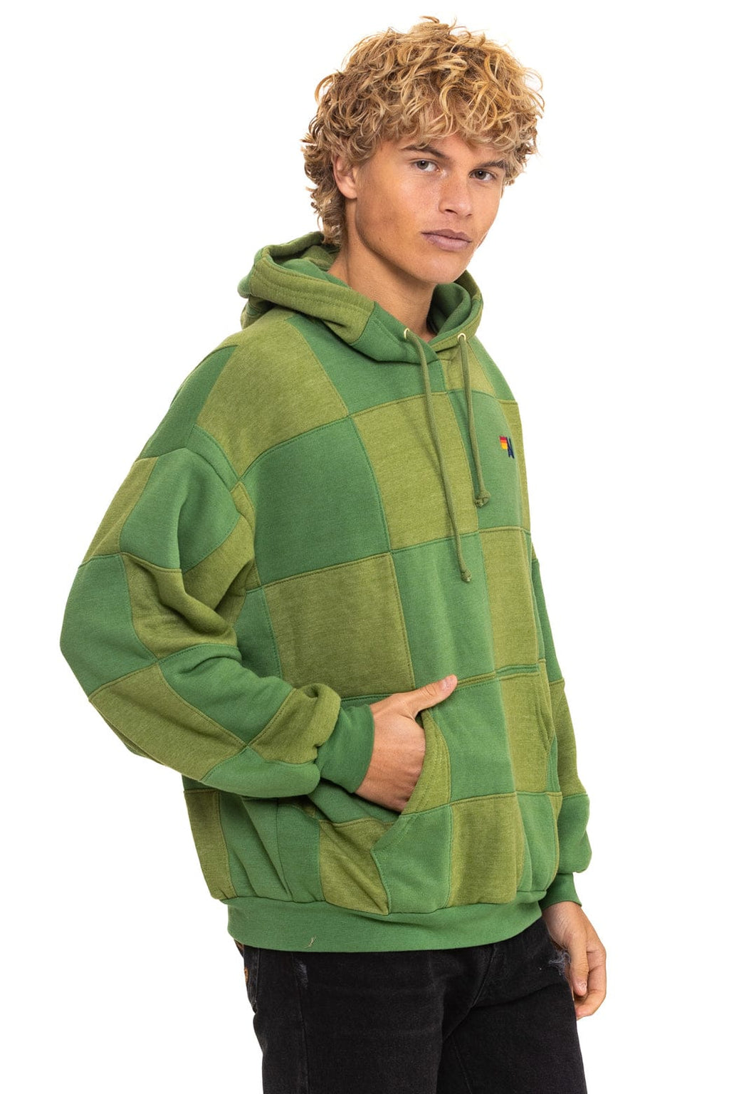 Retro CHECK QUILT RELAXED PULLOVER HOODIE - JUNGLE GREEN PALM