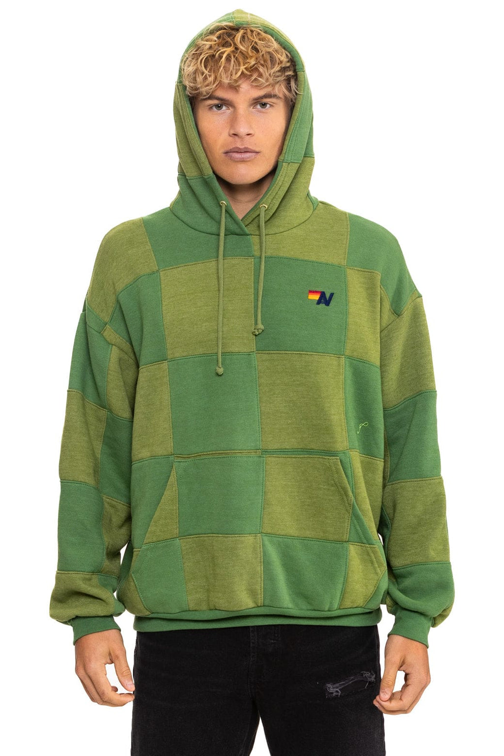 Retro CHECK QUILT RELAXED PULLOVER HOODIE - JUNGLE GREEN PALM