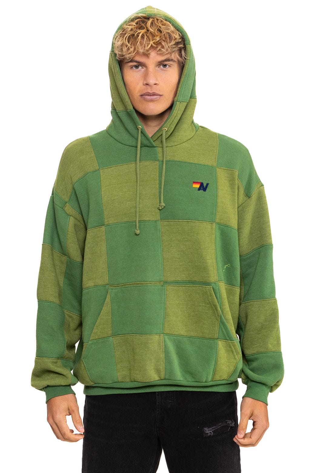 Retro CHECK QUILT RELAXED PULLOVER HOODIE - JUNGLE GREEN PALM