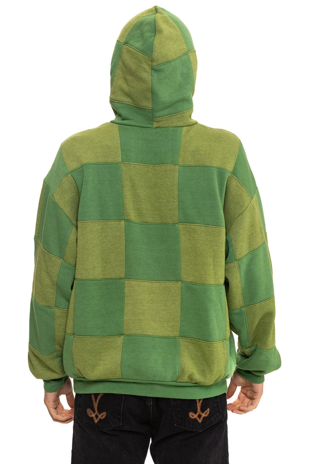 Retro CHECK QUILT RELAXED PULLOVER HOODIE - JUNGLE GREEN PALM