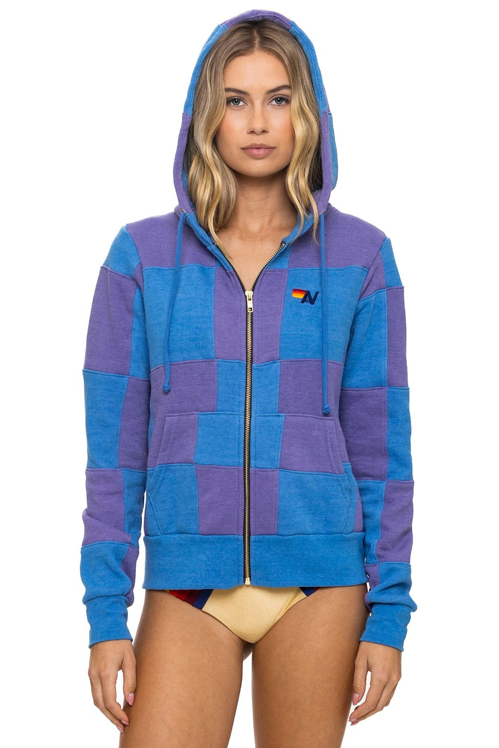 Retro CHECK QUILT ZIP HOODIE - LAVENDER OCEAN