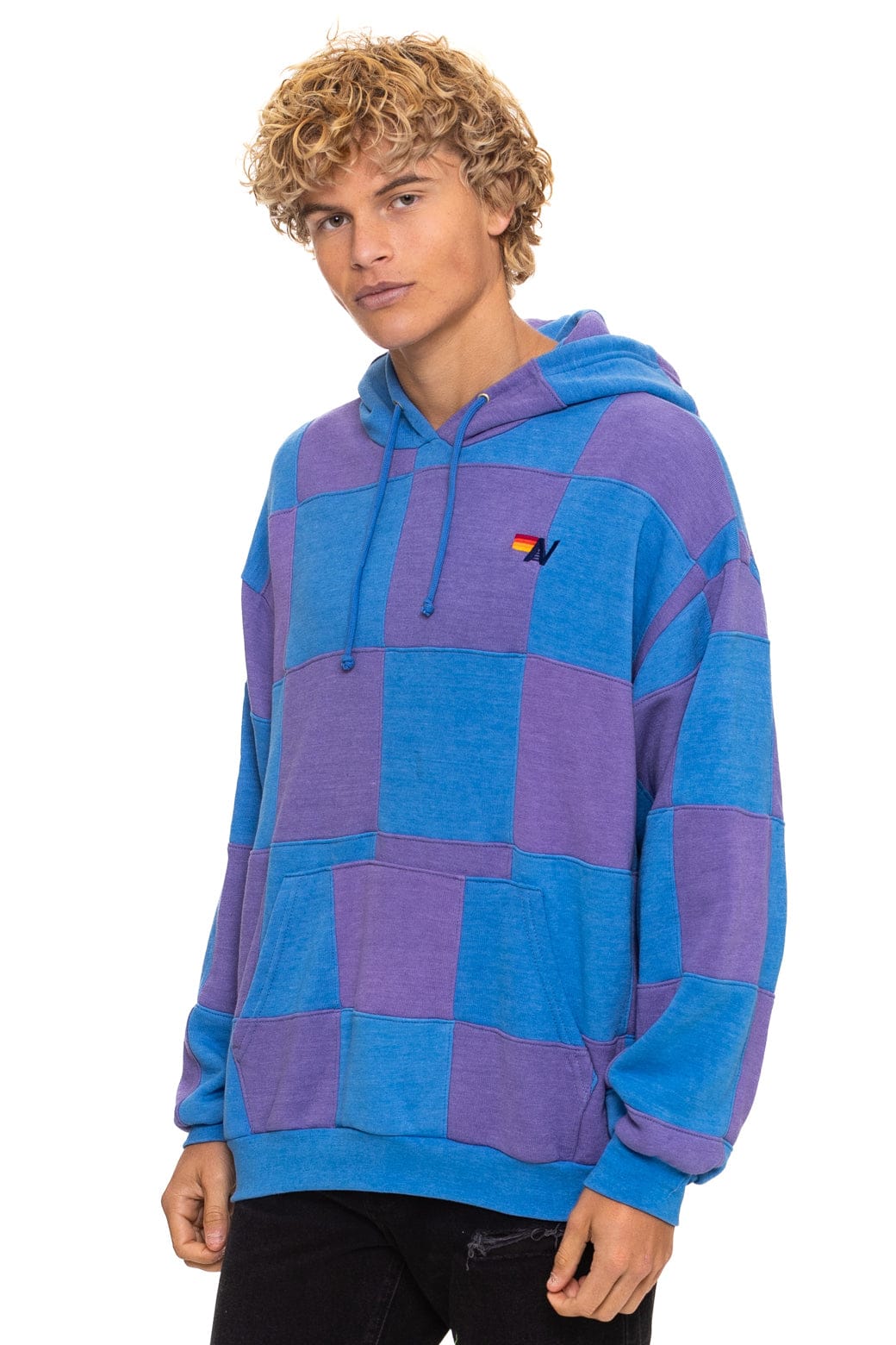 Retro CHECK QUILT RELAXED PULLOVER HOODIE - LAVENDER OCEAN