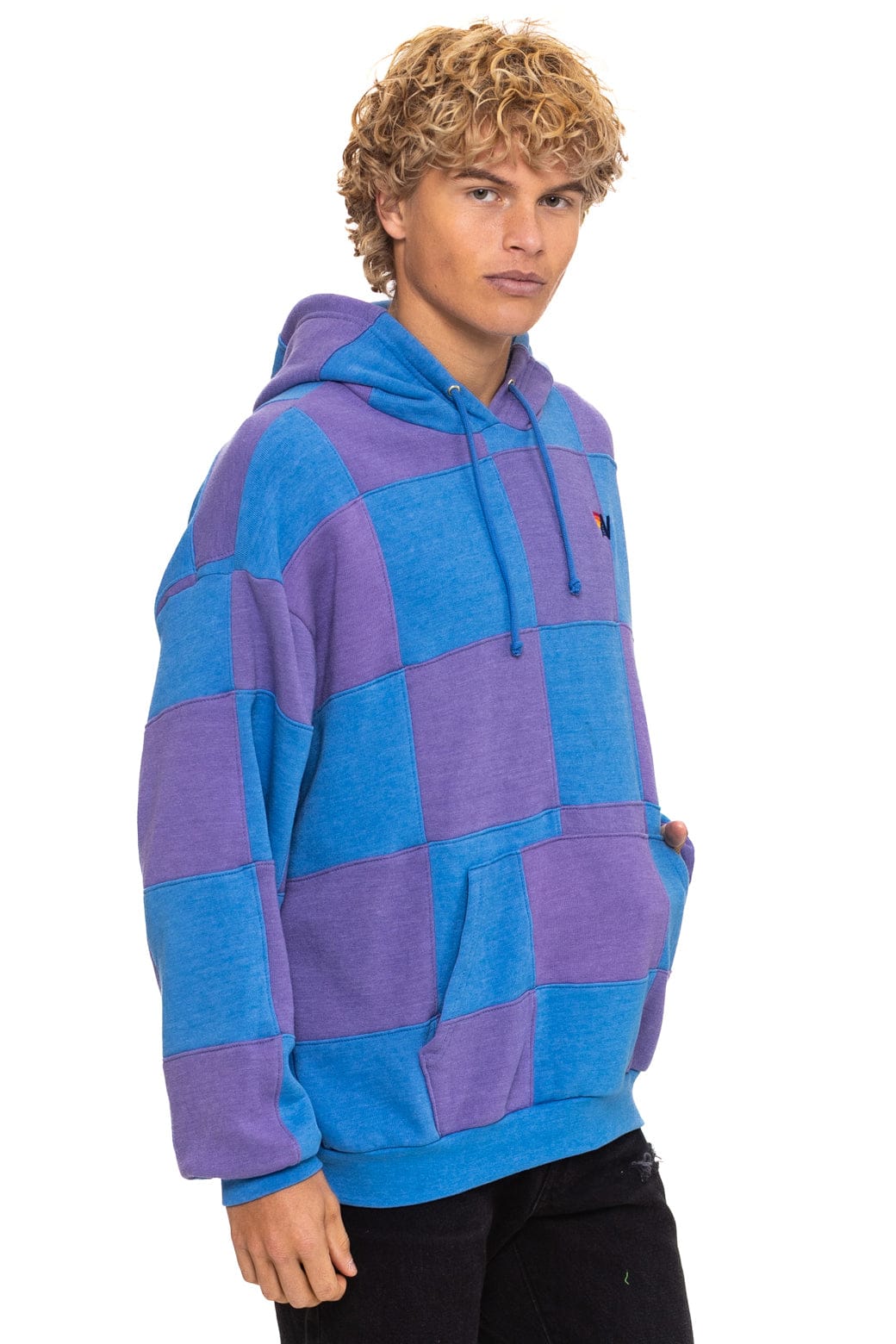 Retro CHECK QUILT RELAXED PULLOVER HOODIE - LAVENDER OCEAN
