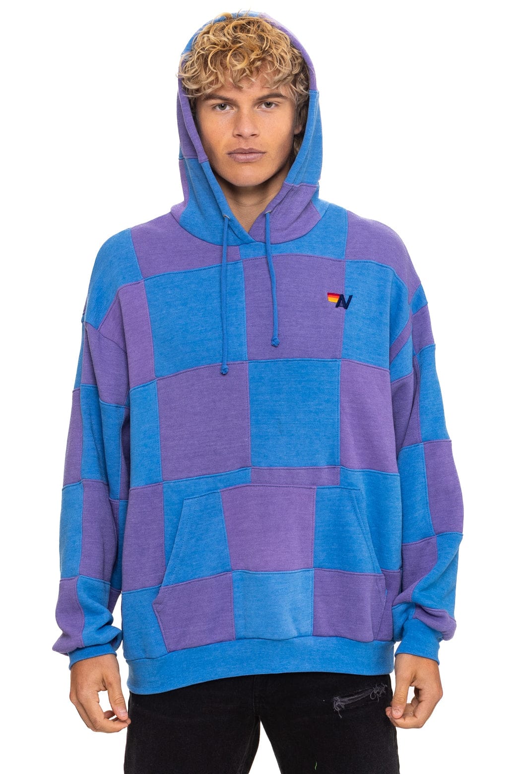 Retro CHECK QUILT RELAXED PULLOVER HOODIE - LAVENDER OCEAN