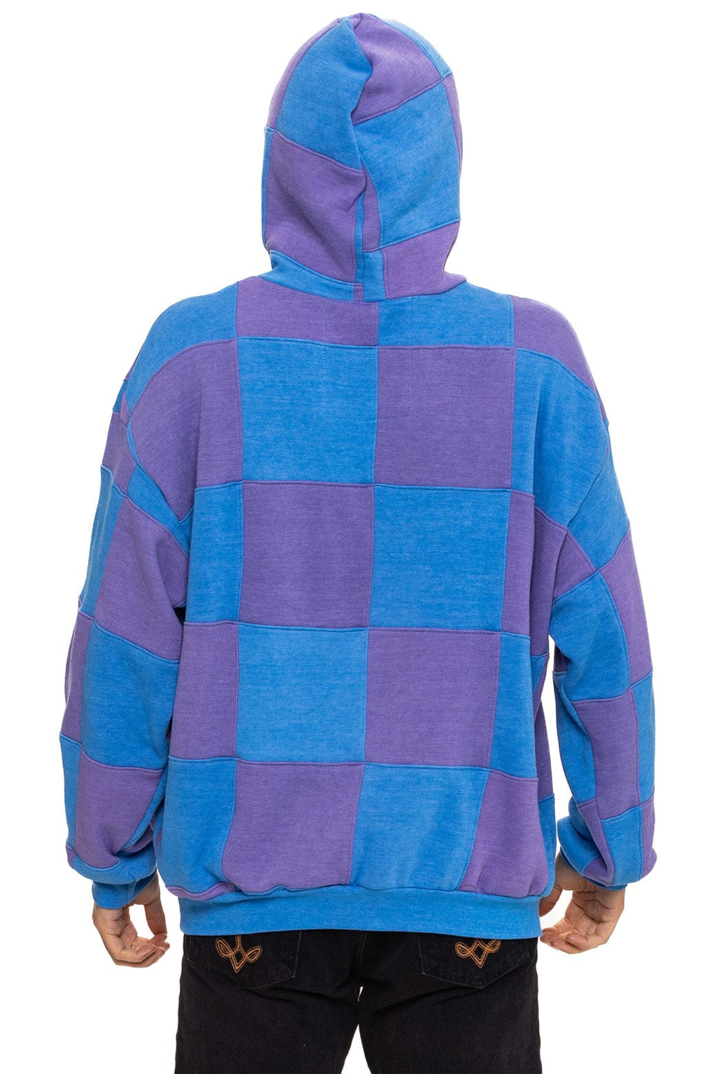 Retro CHECK QUILT RELAXED PULLOVER HOODIE - LAVENDER OCEAN