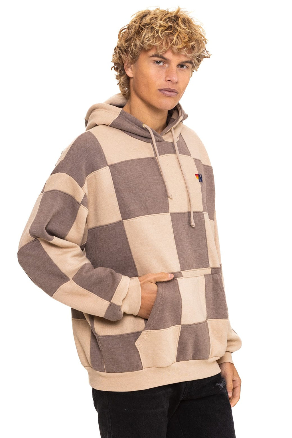 Retro CHECK QUILT RELAXED PULLOVER HOODIE - SAND TAUPE