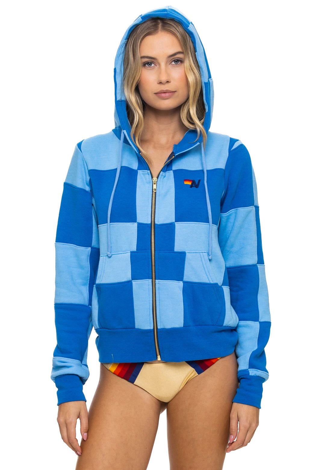 Retro CHECK QUILT ZIP HOODIE - SKY ADVENTURE BLUE