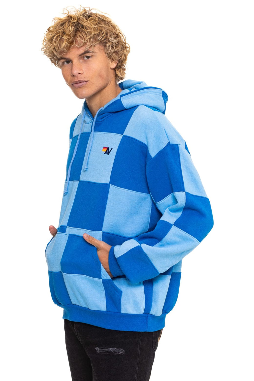 Retro CHECK QUILT RELAXED PULLOVER HOODIE - SKY ADVENTURE BLUE