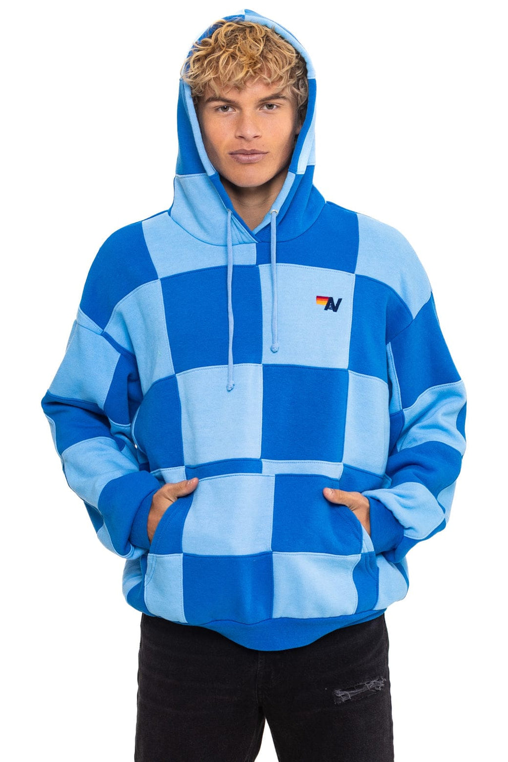 Retro CHECK QUILT RELAXED PULLOVER HOODIE - SKY ADVENTURE BLUE