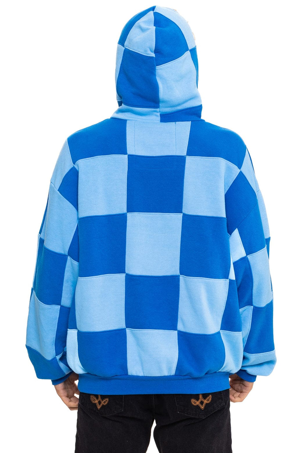 Retro CHECK QUILT RELAXED PULLOVER HOODIE - SKY ADVENTURE BLUE