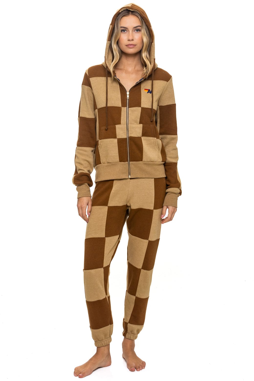 Retro CHECK QUILT ZIP HOODIE - TAN CINNAMON