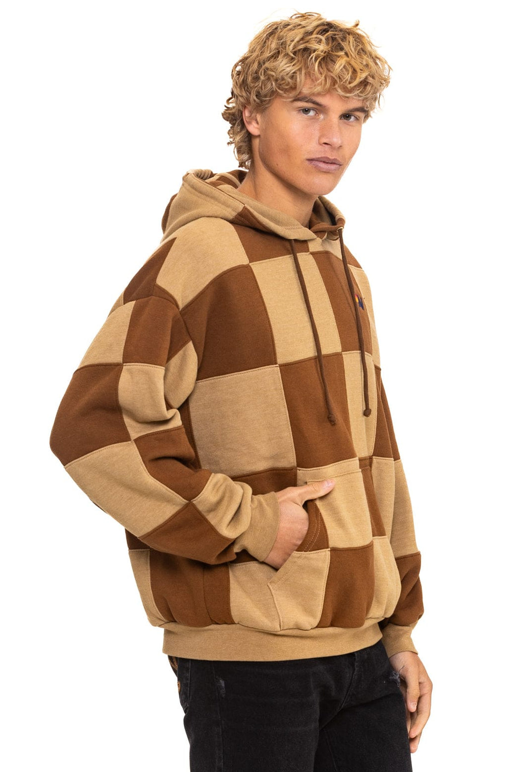 Retro CHECK QUILT RELAXED PULLOVER HOODIE - TAN CINNAMON