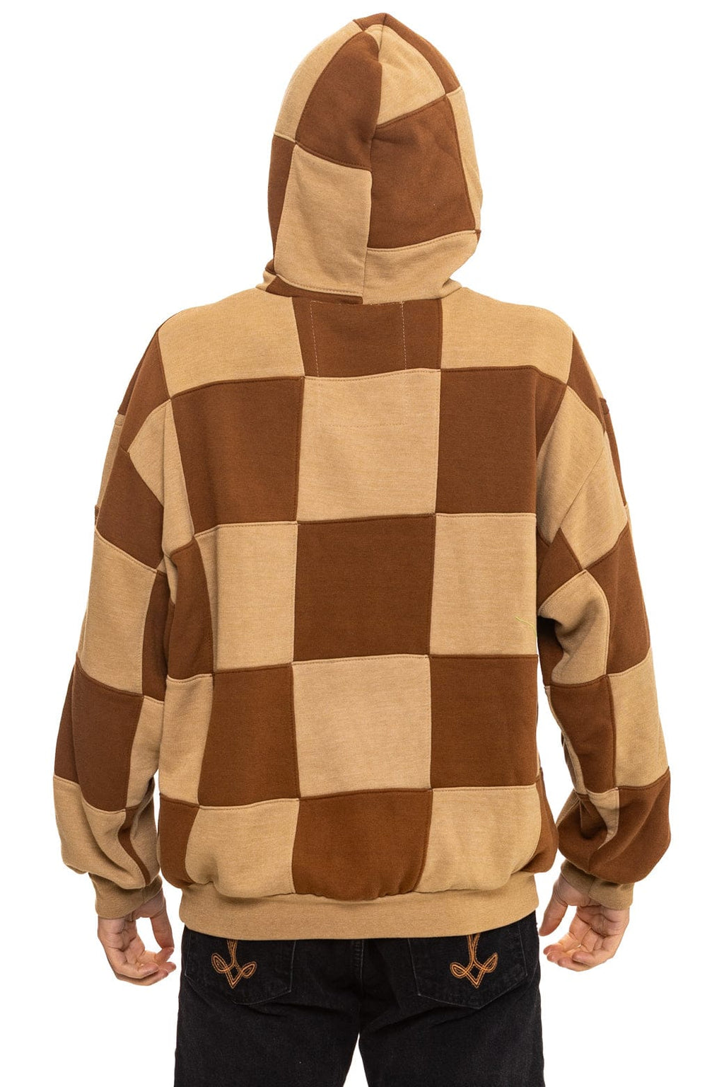 Retro CHECK QUILT RELAXED PULLOVER HOODIE - TAN CINNAMON