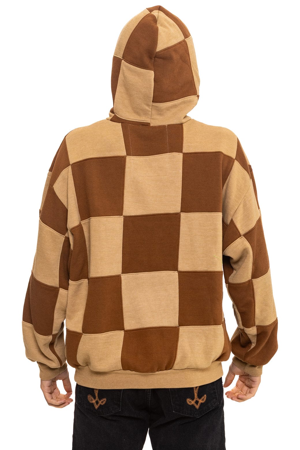 Retro CHECK QUILT RELAXED PULLOVER HOODIE - TAN CINNAMON