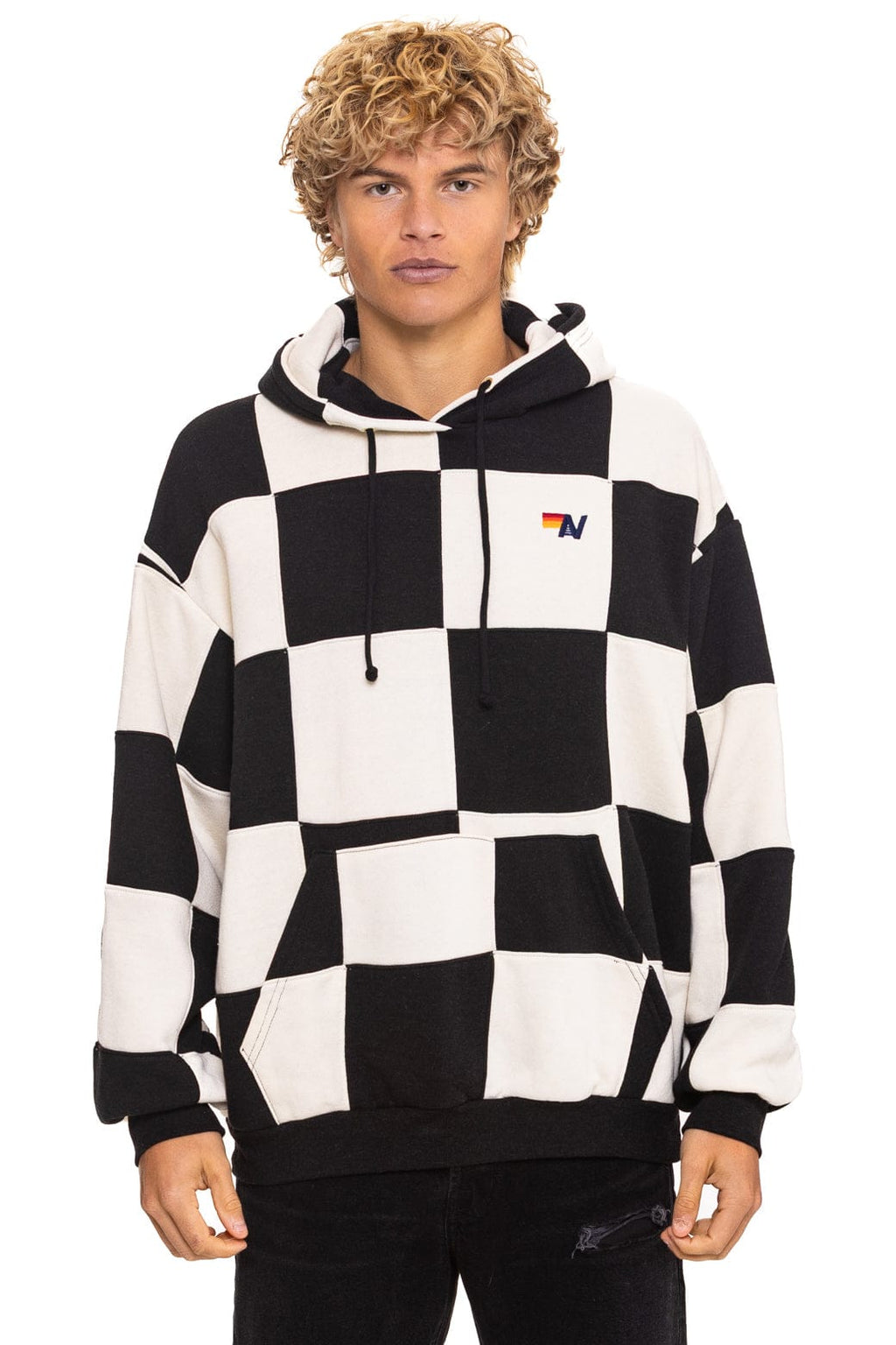 Retro CHECK QUILT RELAXED PULLOVER HOODIE - VINTAGE WHITE BLACK