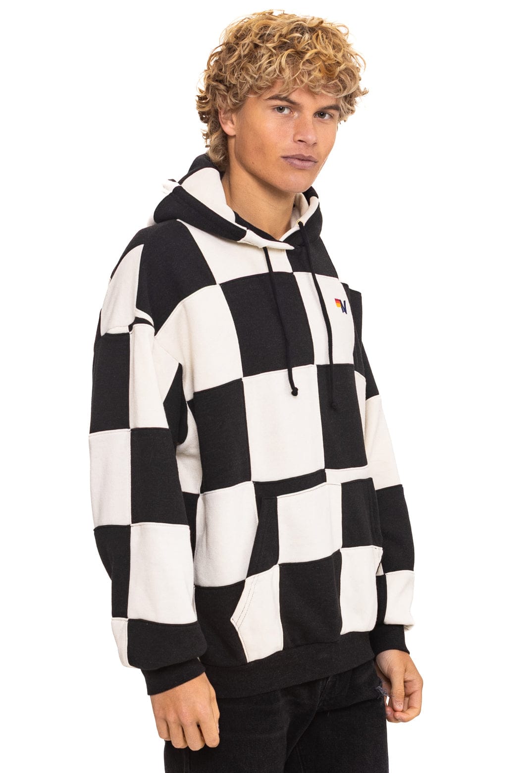 Retro CHECK QUILT RELAXED PULLOVER HOODIE - VINTAGE WHITE BLACK