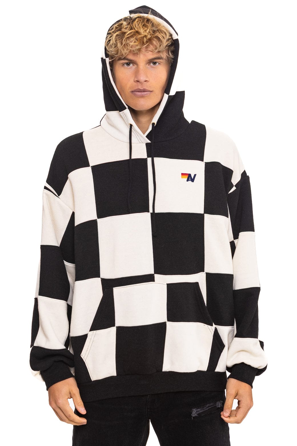 Retro CHECK QUILT RELAXED PULLOVER HOODIE - VINTAGE WHITE BLACK