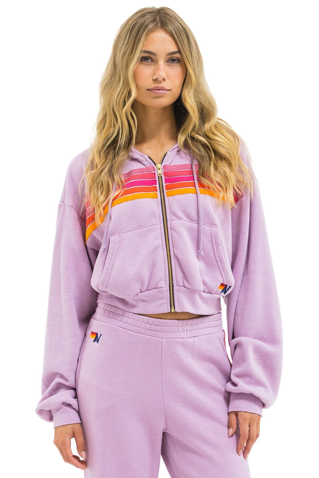 Retro 5 STRIPE CROPPED ZIP HOODIE RELAXED - MAUVE MAGENTA ORANGE