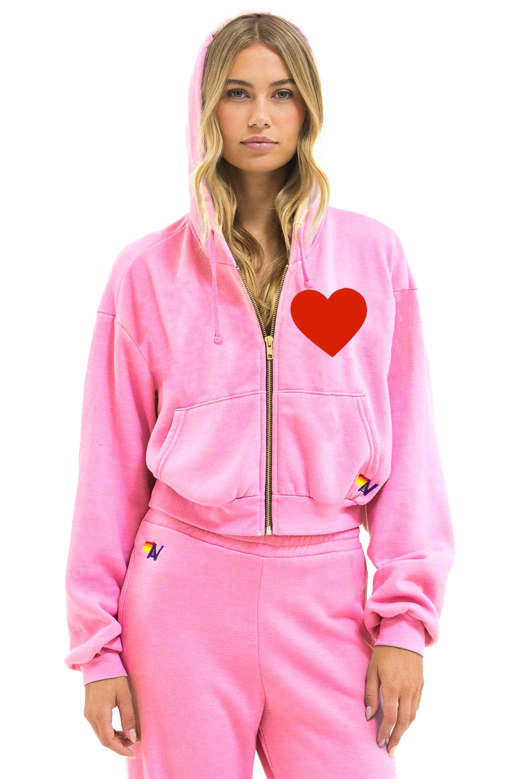 Retro HEART STITCH RELAXED CROP ZIP HOODIE - NEON PINK