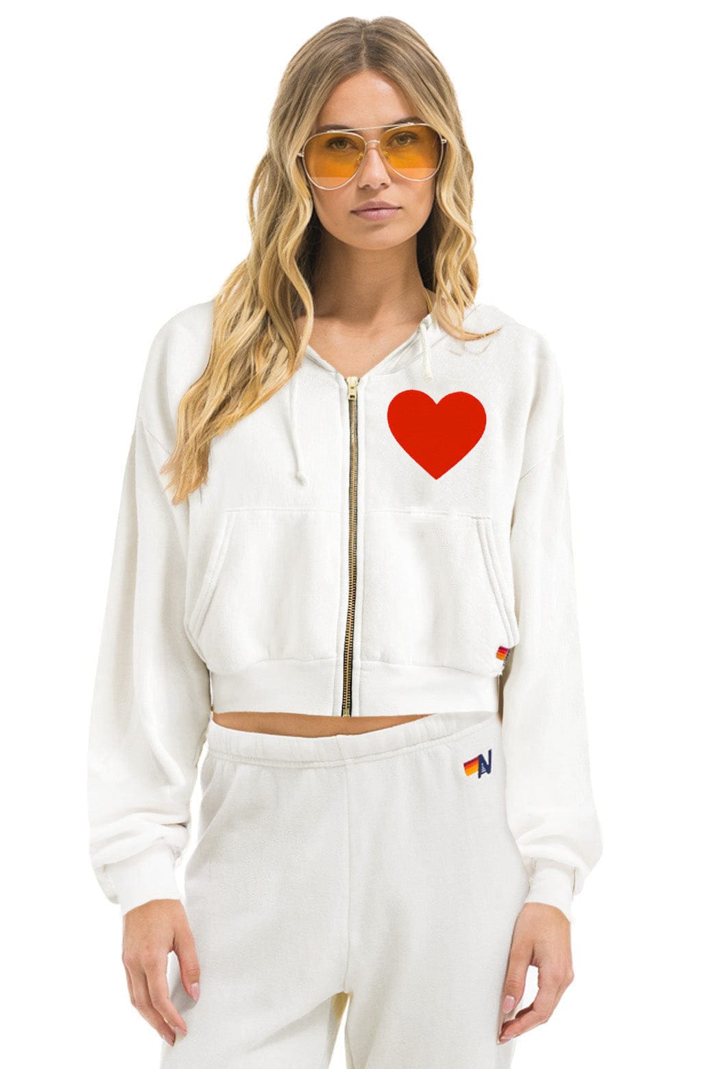 Retro HEART STITCH RELAXED CROP ZIP HOODIE - WHITE