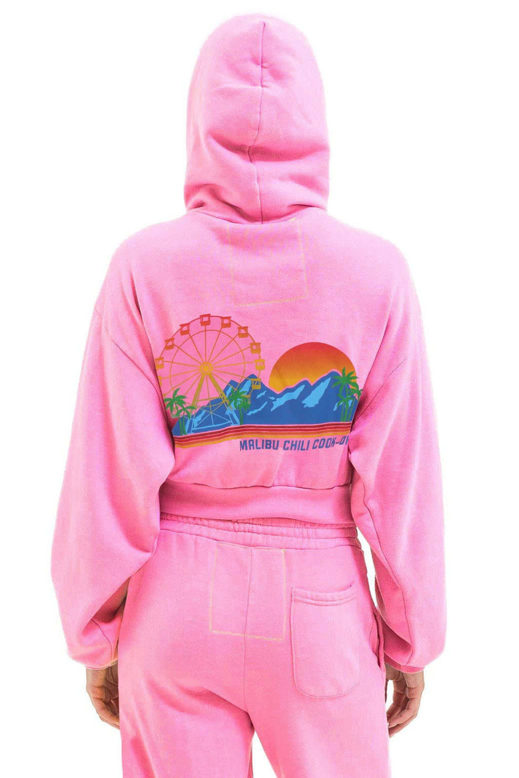 Retro MALIBU CHILI COOK-OFF 2026 CROPPED ZIP HOODIE - NEON PINK
